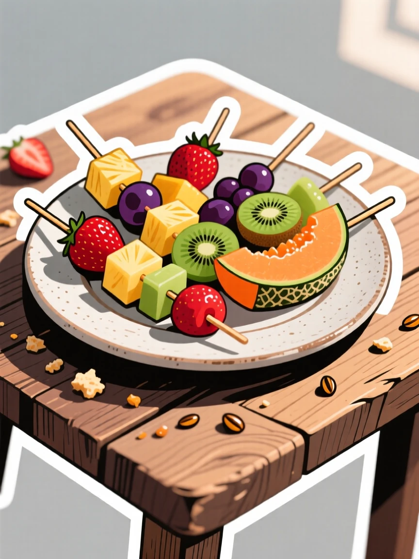 A beautifully garnished plate of colorful fruit skewers, surrounded by scattered crumbs, on a rustic wooden table with soft morning light.