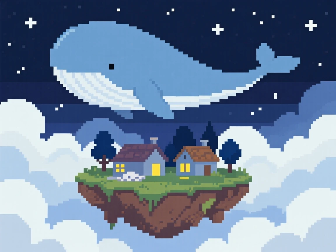 A sky whale drifting above the clouds watching over a sleeping village at night, atop a floating island surrounded by clouds.