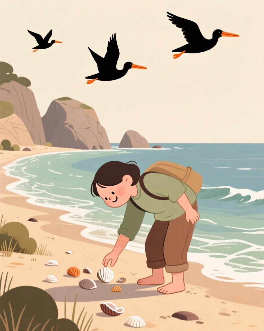 Waves roll gently onto a secluded cove where a lone traveler walk along the shoreline, collecting seashells as pelicans glide overhead.