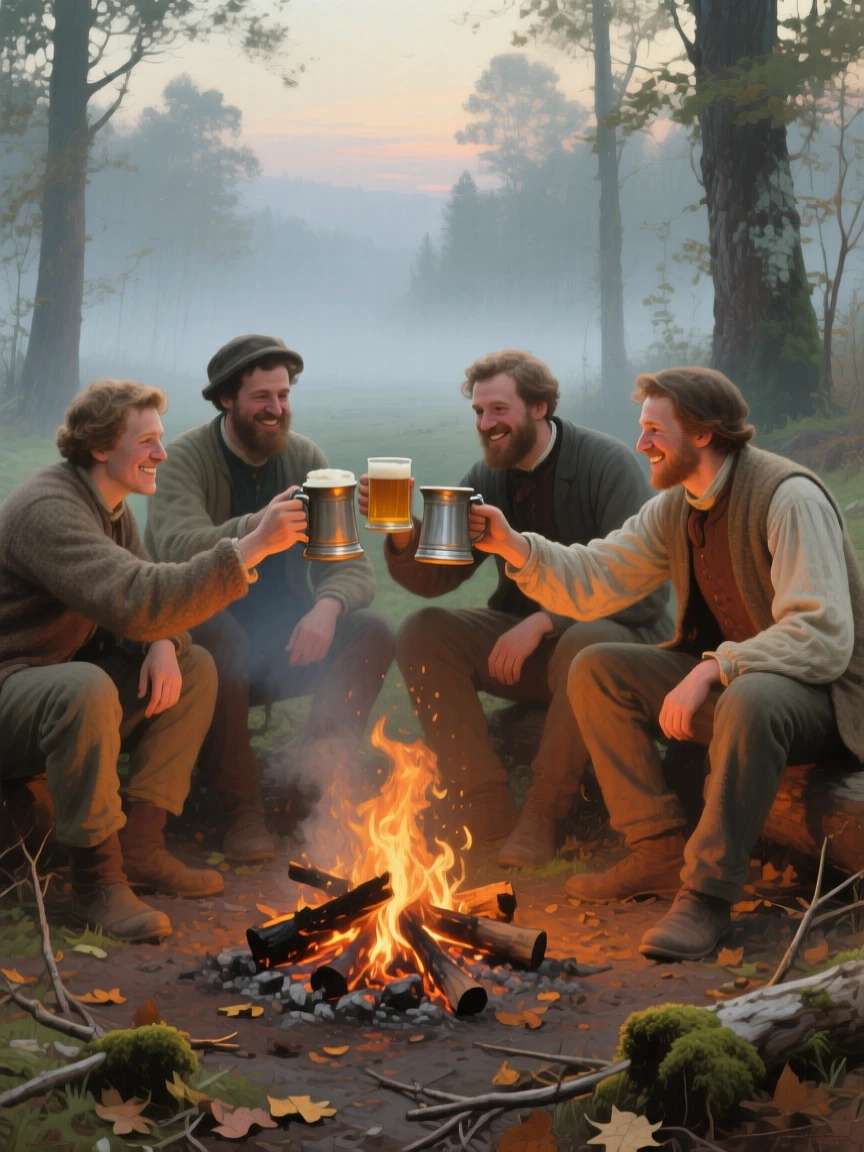 A balanced composition of friends toasting with mugs of cider around a crackling campfire, in the late 19th century, in a light morning mist.