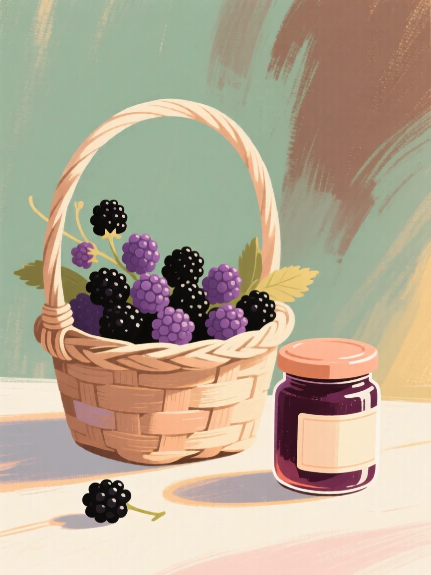 A basket of wild blackberries beside a jar of homemade jam