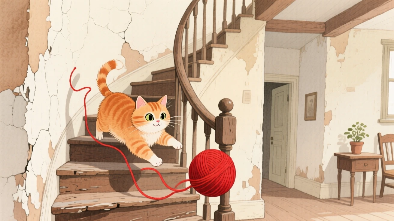 A ginger cat chases a red yarn ball down a spiral staircase in an old cottage hallway