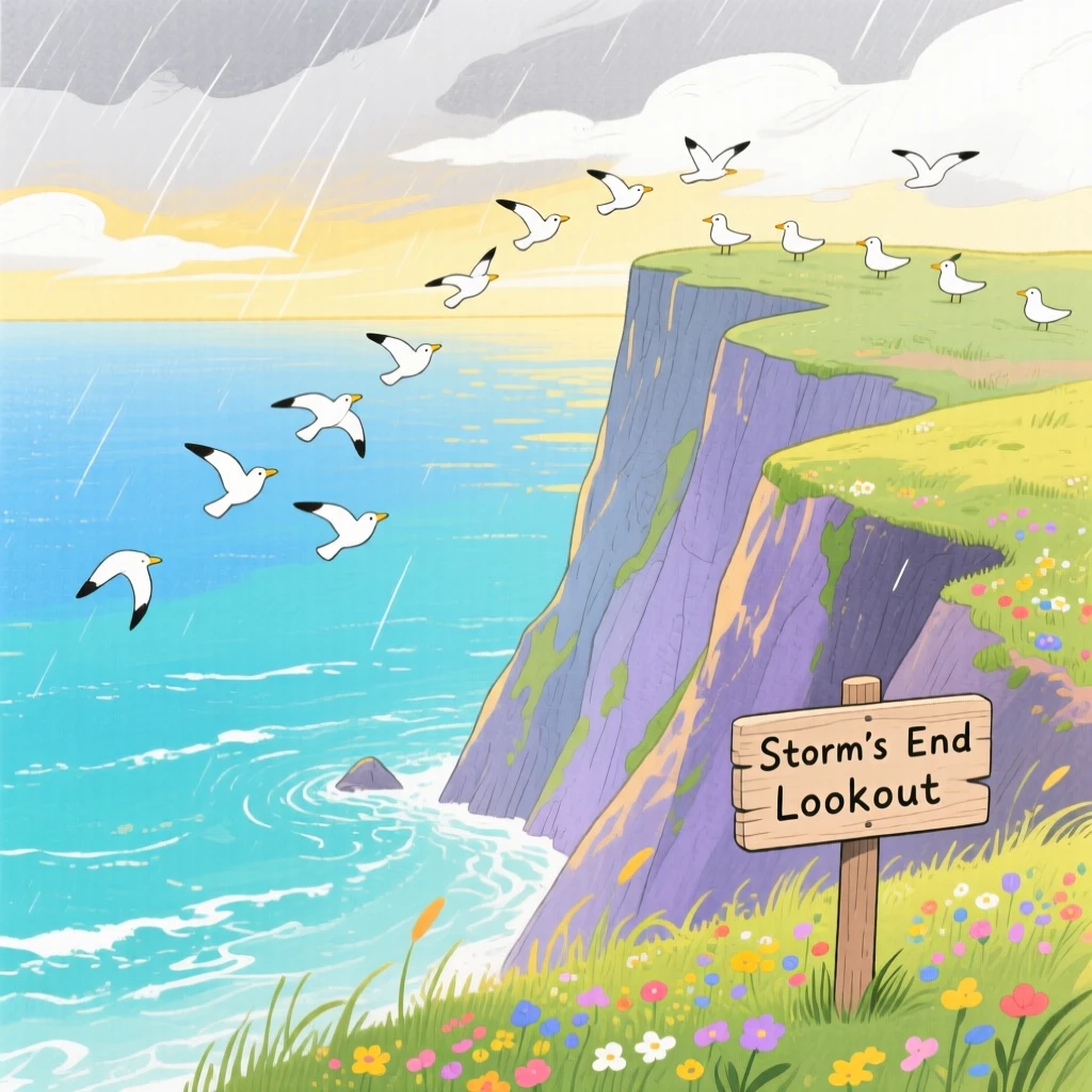 A panoramic scene of a dramatic cliffside overlooking the ocean just after a summer storm.