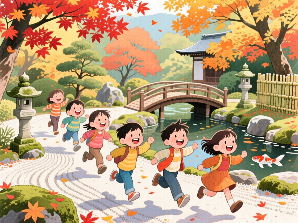 Children run laughing through the scene amid a serene Zen garden in Kyoto during autumn foliage, evoking wanderlust and adventure.