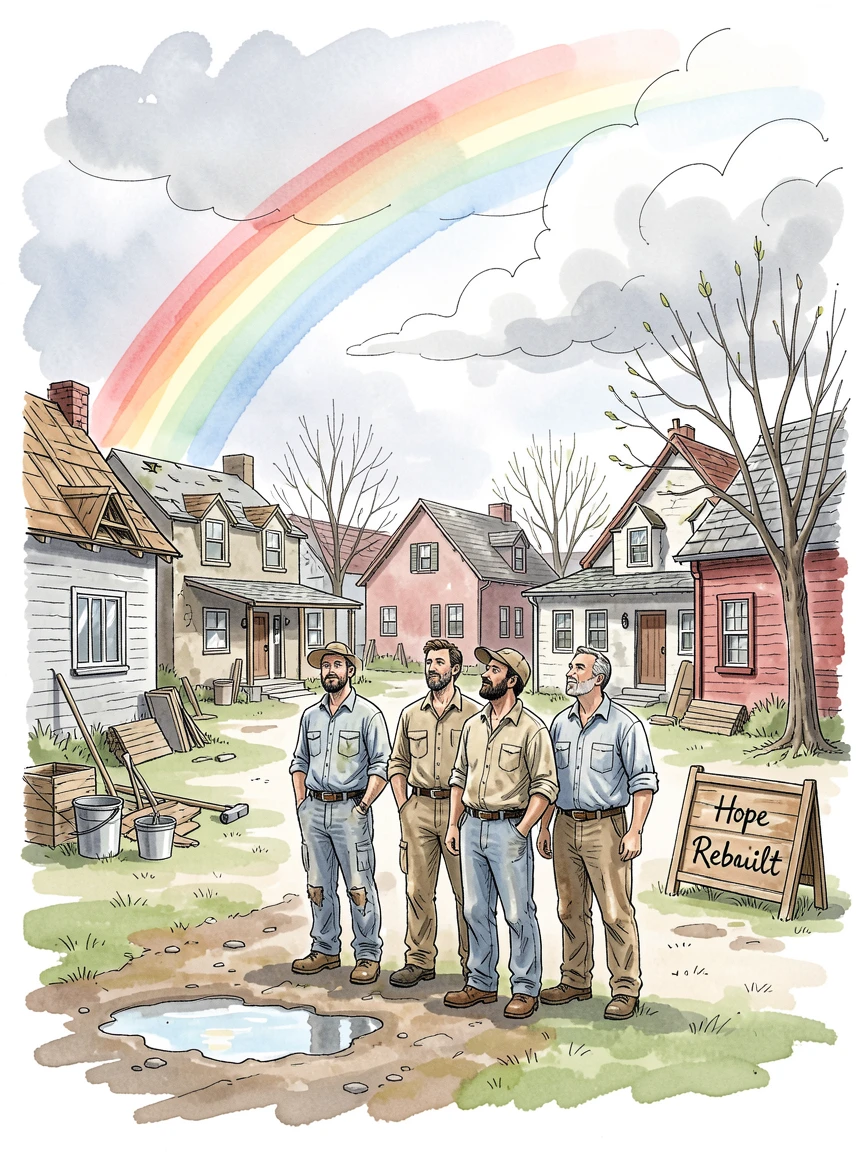 A rainbow stretching over a rebuilt village after a storm, workers pausing to admire it