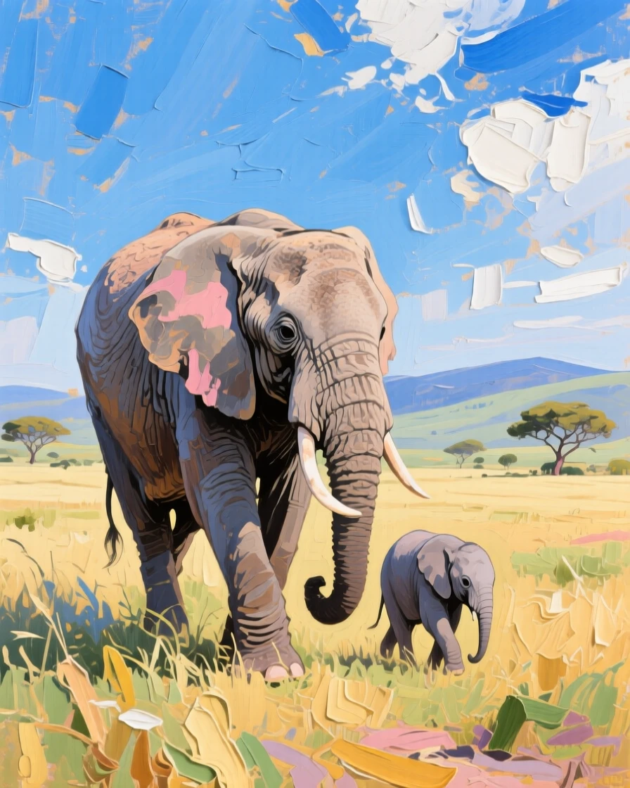 a mother elephant and calf walking across open grassland, under a vast open sky, with a clear foreground, subject, and distant setting.