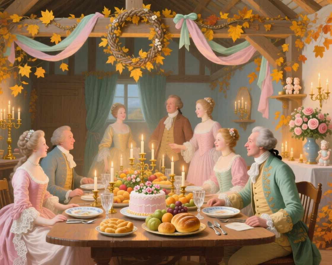 An autumn wedding feast in a candlelit barn decorated with golden leaves  