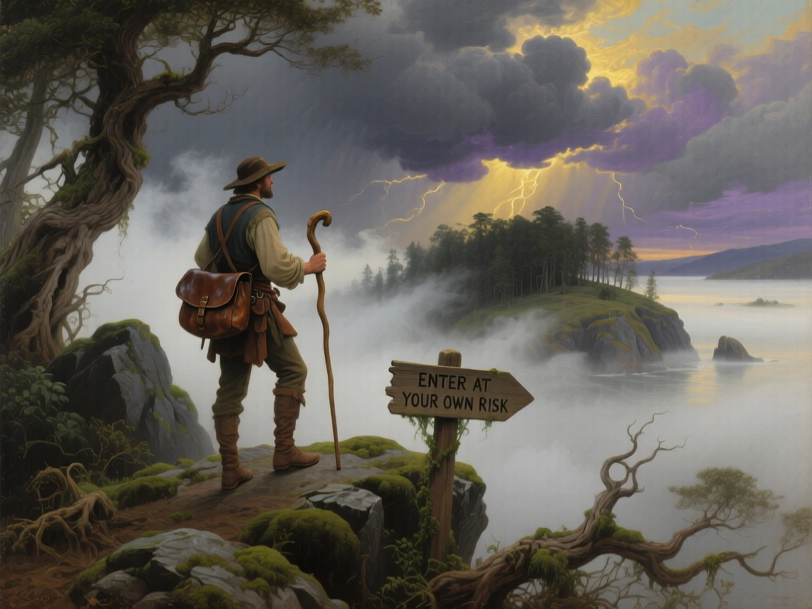 A brave scout ventures deep into a mysterious fog-shrouded island as storm clouds gather on the horizon.