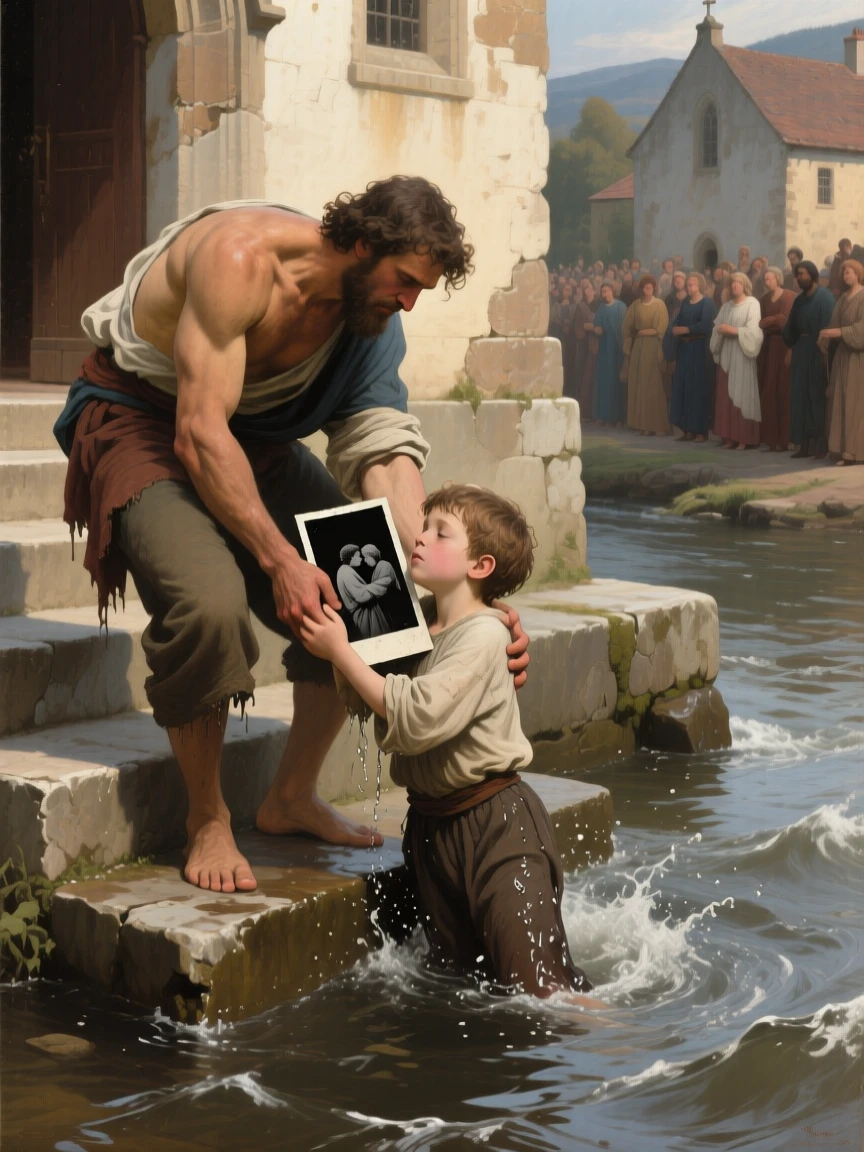 A rescuer pulling a drowning child from a raging river in the raw, unguarded instant emotion breaks through, set on the worn steps of a village church, with a faded photograph clutched tightly to a chest; diagonal light spills across the reunited figures, isolating them from the crowd, capturing love that has endured distance and time.