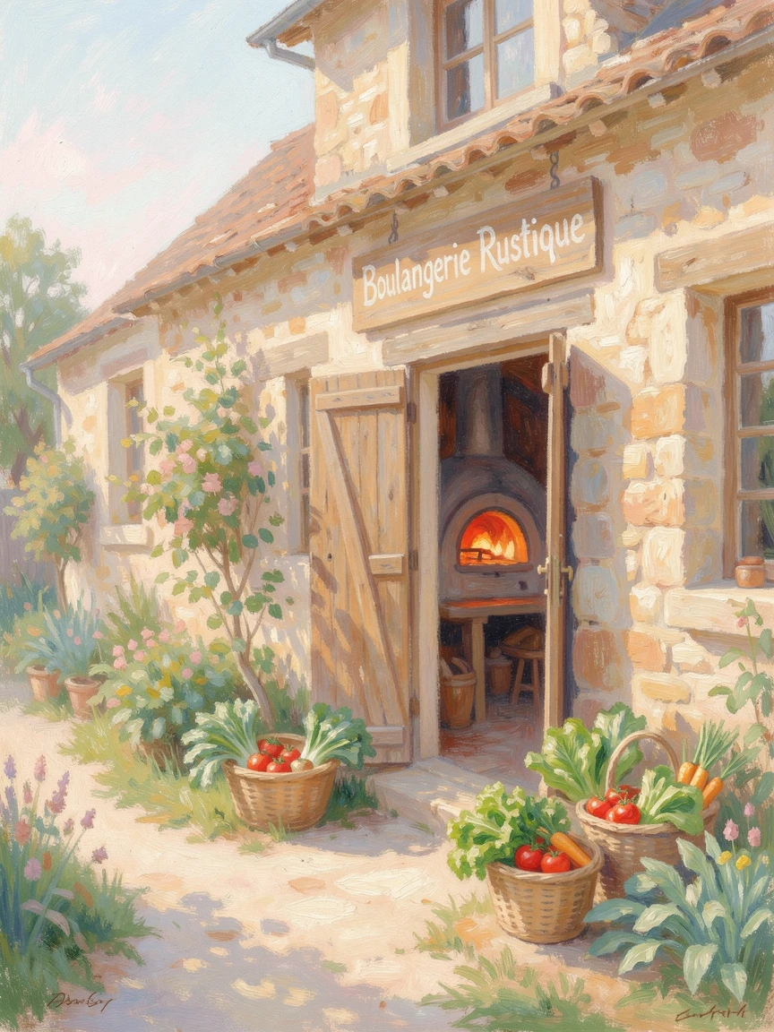 A rustic countryside bakery with a wood-fired oven and baskets of fresh vegetables by the door.