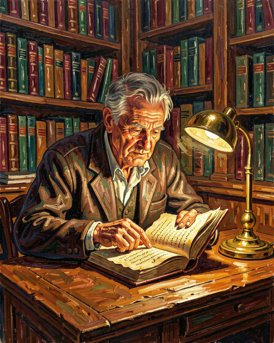 An old librarian carefully turning the pages of an ancient book by lamplight.