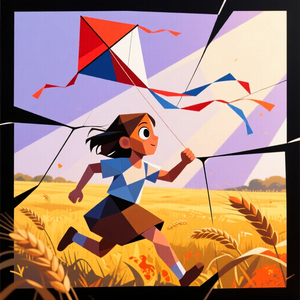 A young girl chasing a kite across a golden field in late afternoon light.