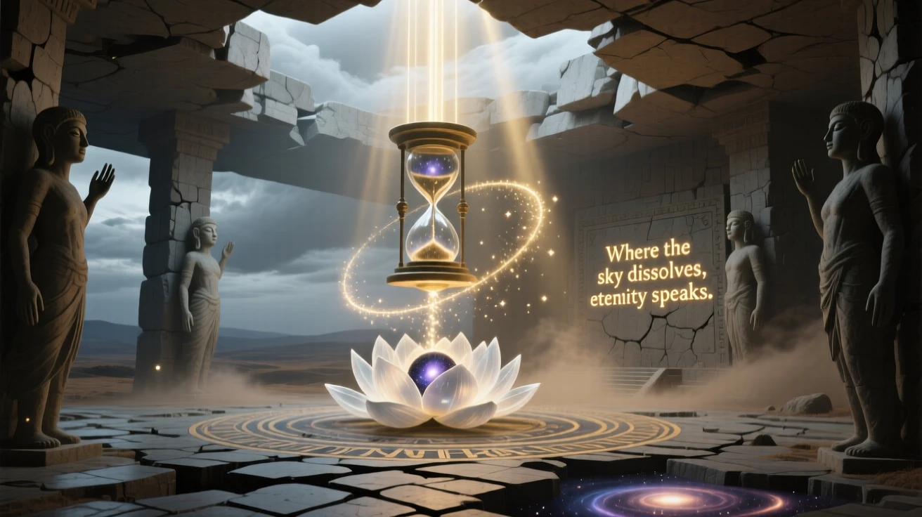 An ancient temple where light pours through a ceiling of open sky stands silent under a sky heavy with soft grey clouds, while dust motes drift like tiny stars through beams of light.