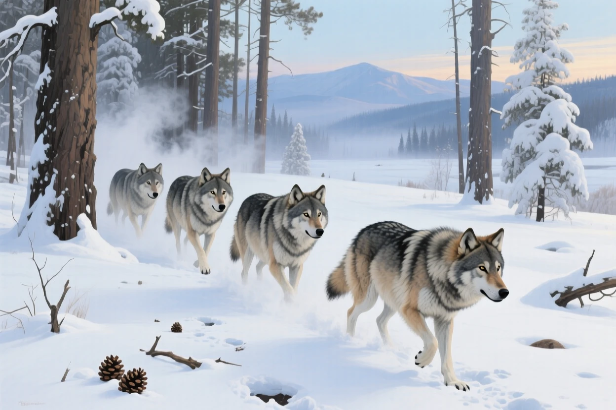 A wild wolf pack moves through a snow-covered forest in Yellowstone, steam rising from their breath as they track prey beneath towering pines, the surrounding habitat rendered in enough detail to suggest a specific time and place.