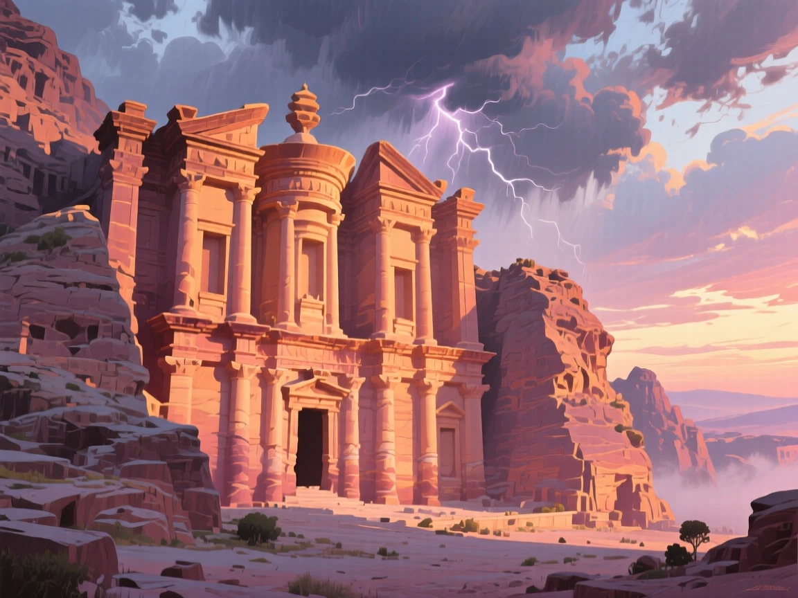 Petra's ancient facade glowing rose-gold at sunrise, as storm clouds gather overhead, a soft haze giving the scene a dreamlike quality