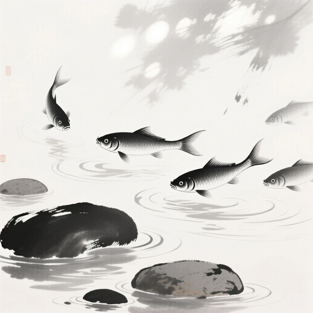 Silver fish dart through clear water above smooth river stones, as sunlight dapples the water's surface.
