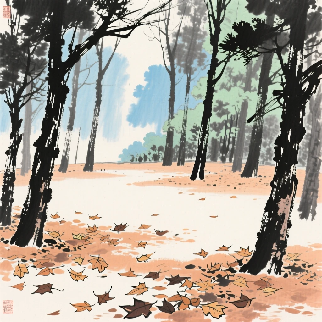 A quiet forest clearing carpeted with fallen leaves, conveying a deep sense of harmony with nature.