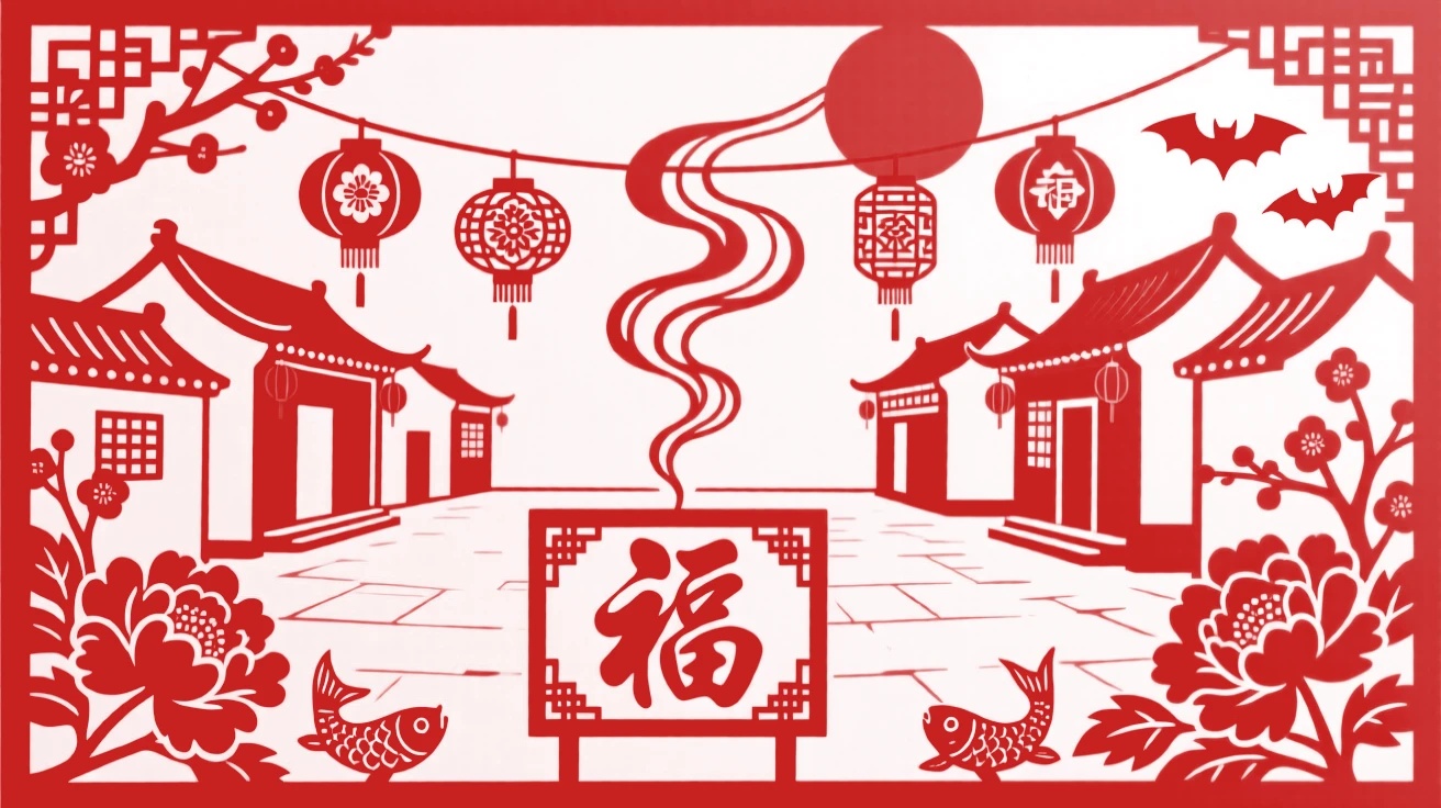 A scene of a village square decorated for the new year, where red and gold decorations shimmer in the evening light, with the scent of incense drifting through the air.