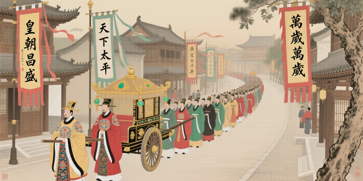 An emperor's procession winding through a city lined with banners, beneath banners fluttering in the wind