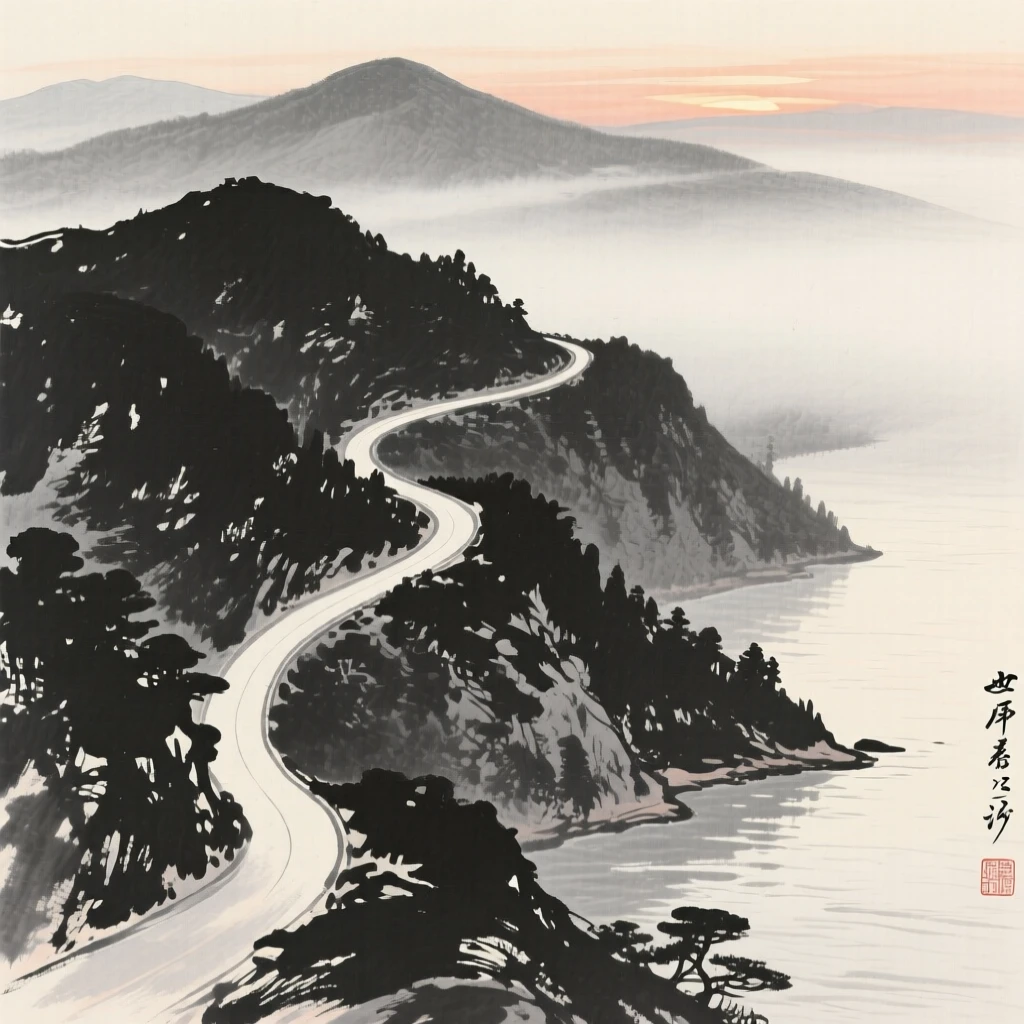A winding mountain road disappearing into distant fog with the last light of dusk catching the water's surface, viewed from a high vantage point looking down across the whole scene, conveying calm reflection and gentle isolation.