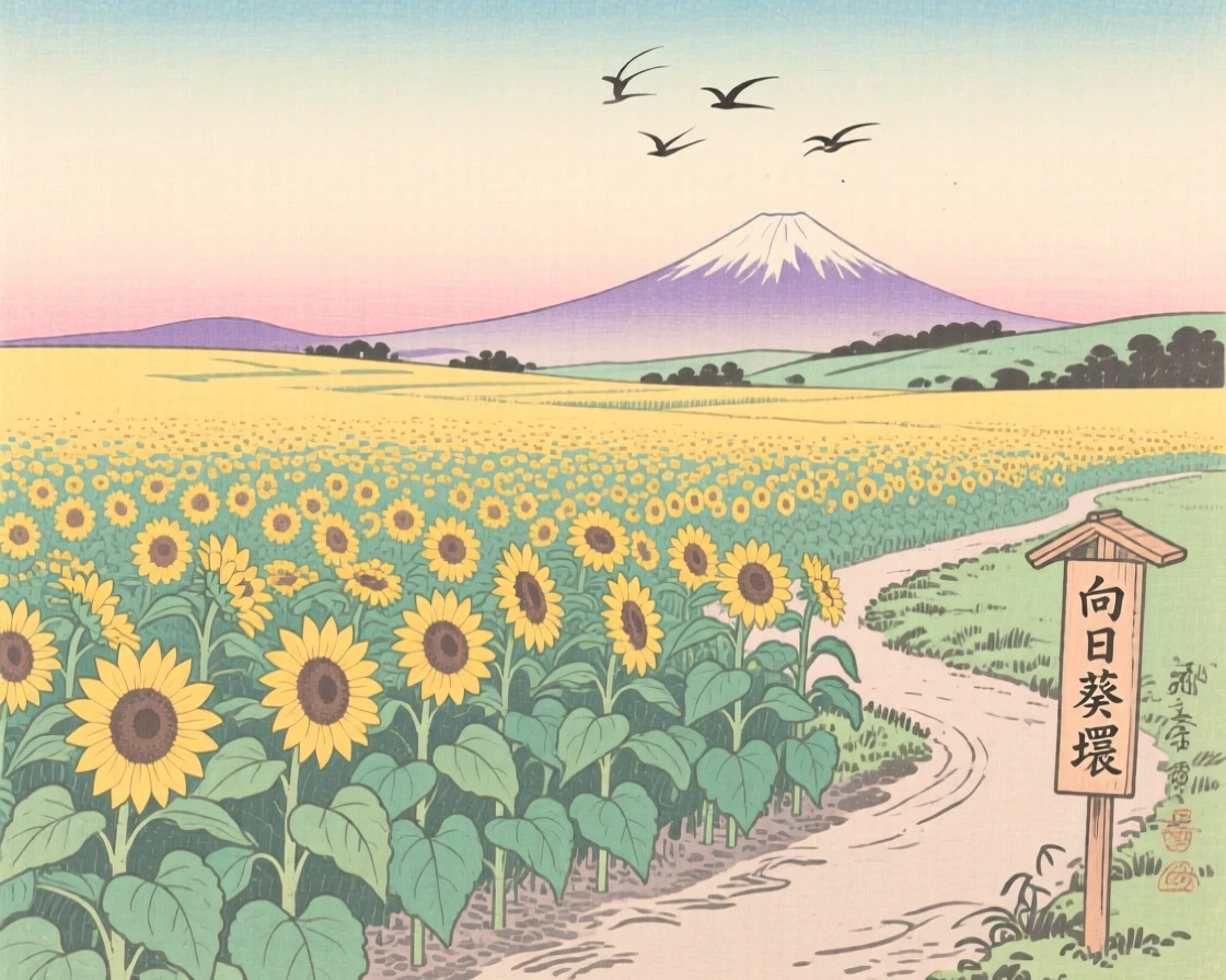 A sunflower field stretching to the horizon under a soft pastel sky.