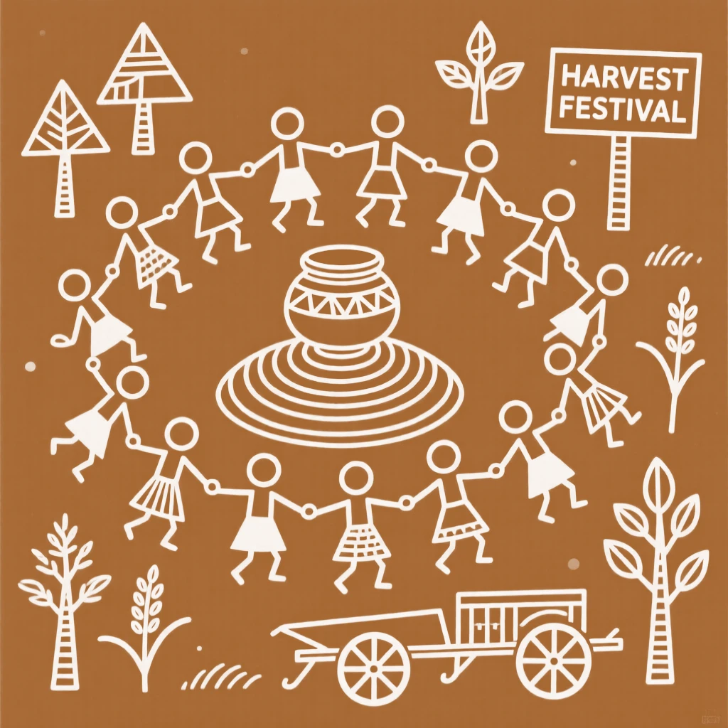 A harvest festival celebrated with villagers dancing in a large circle.