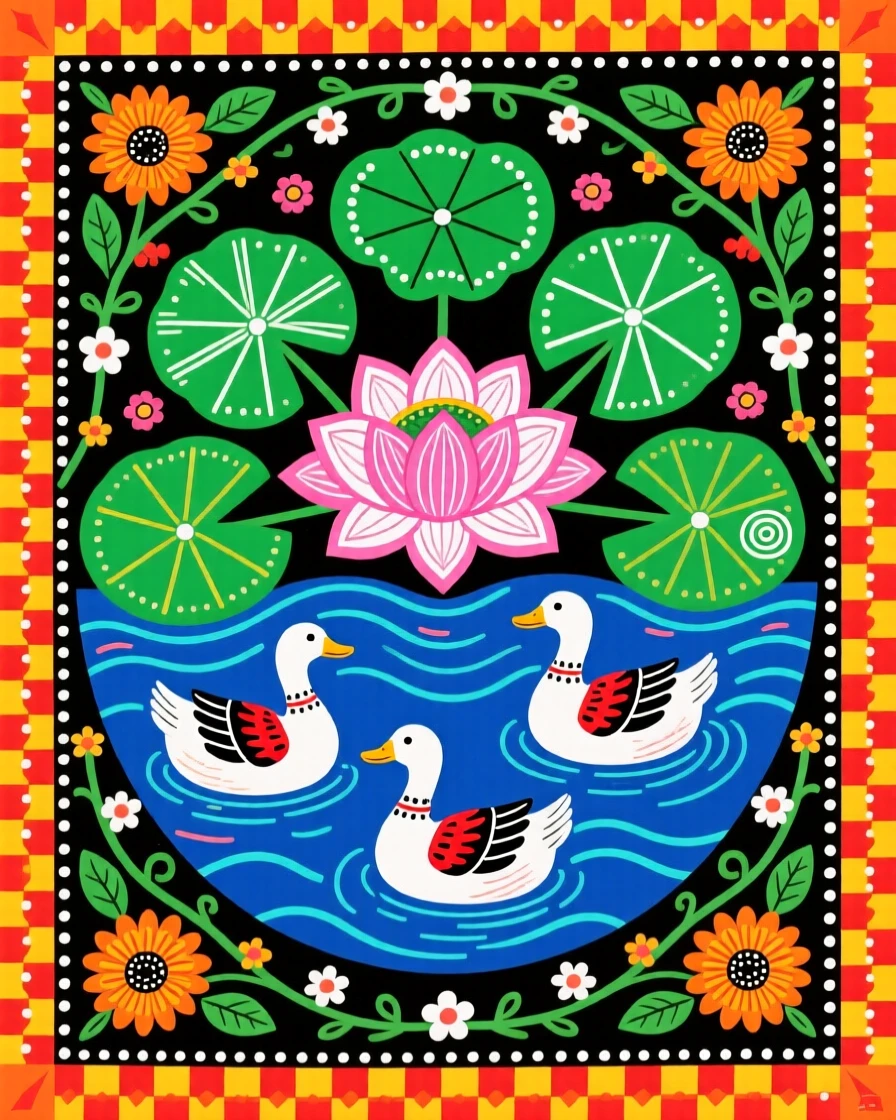 A pond filled with lotus flowers and gliding white ducks.