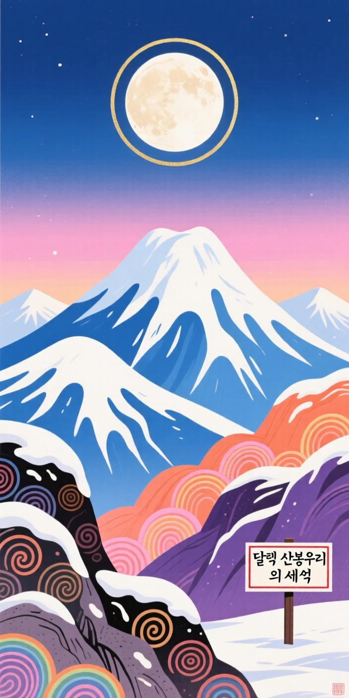 A snow-capped mountain range at dawn, beneath a full moon.