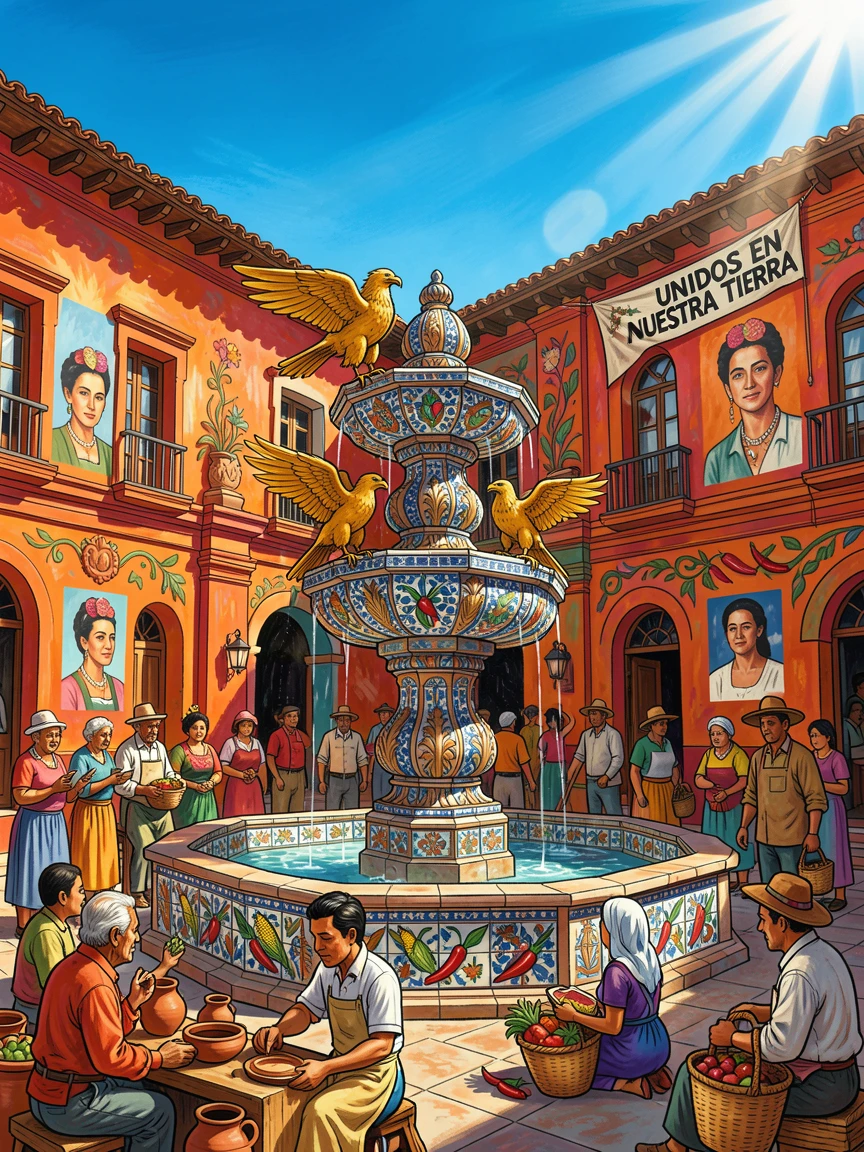 An ornate fountain at the center of a sunlit courtyard