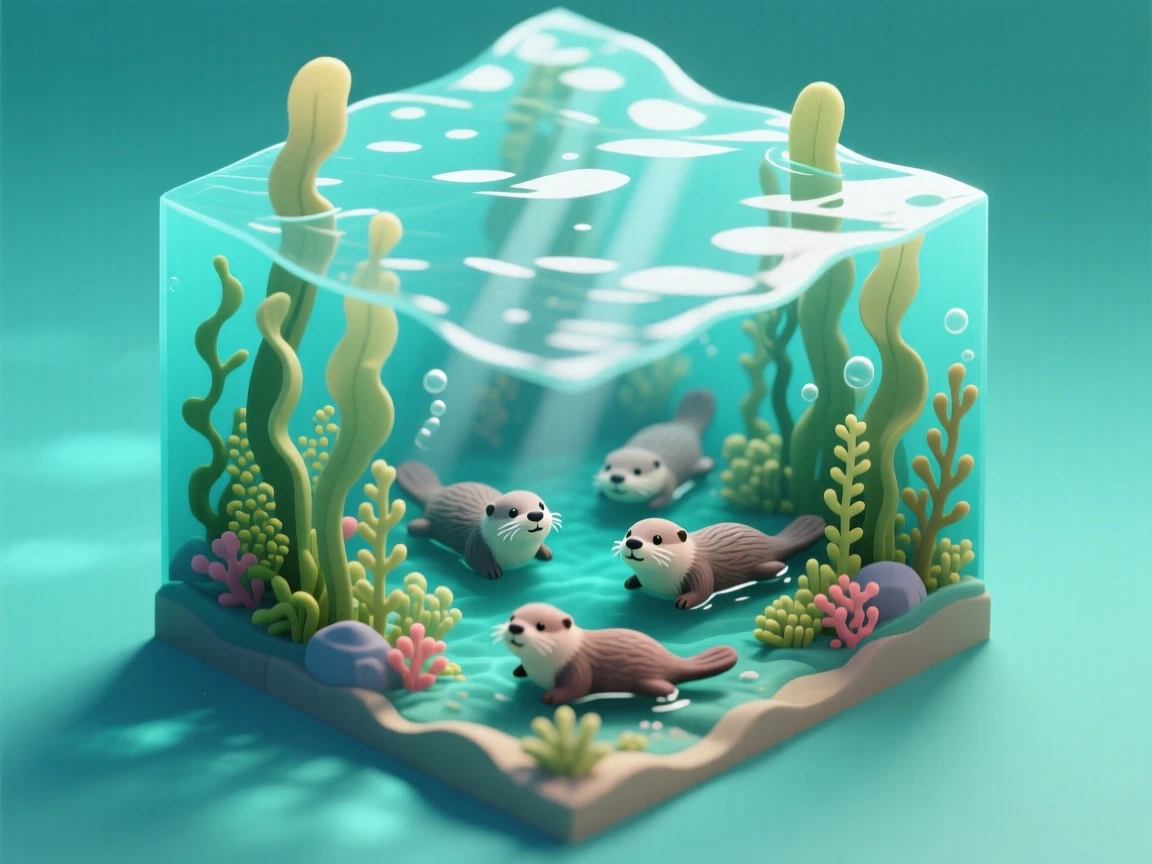 A kelp forest swaying in gentle underwater currents, sea otters floating on their backs among the fronds, and shafts of light piercing the water above.