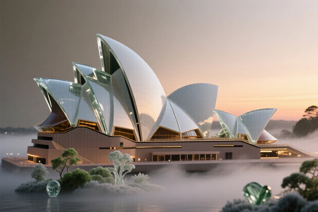 The Sydney Opera House at dusk surrounded by lush greenery and soft morning mist, wide establishing composition, feeling serene and majestic.