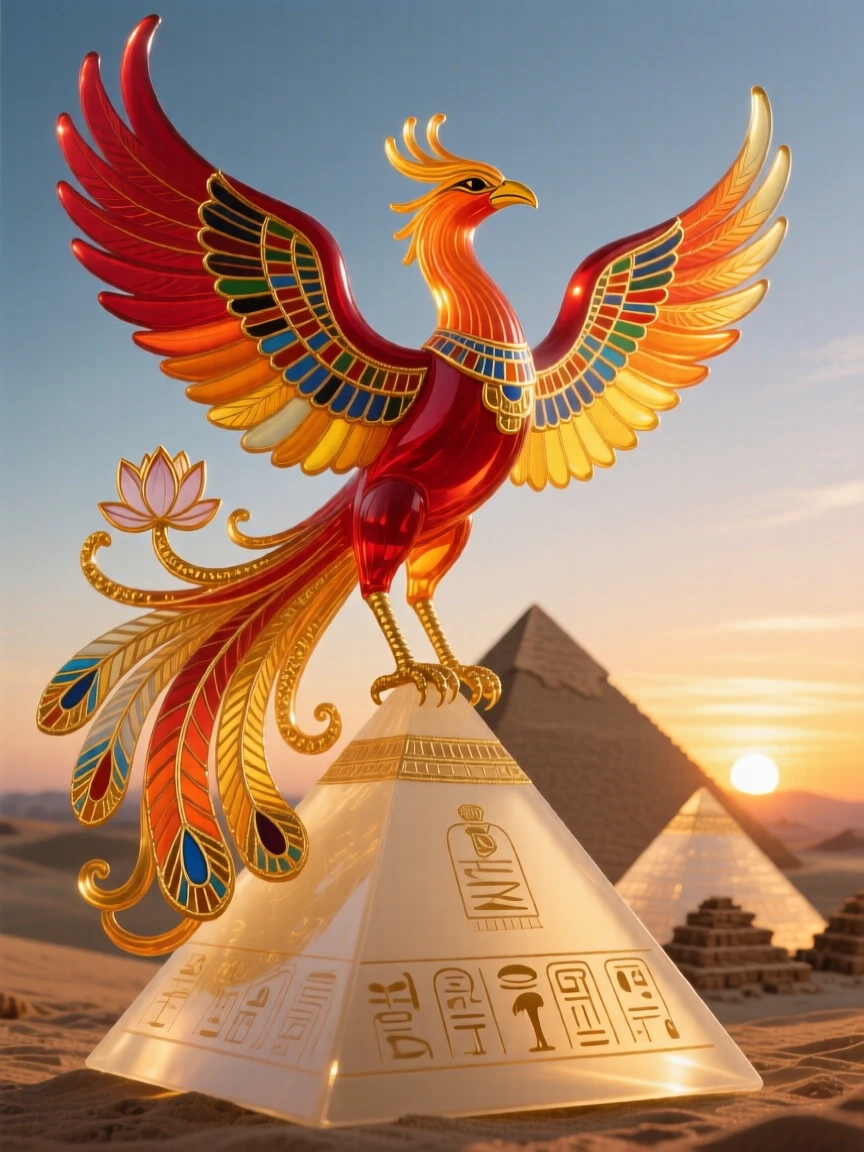 A phoenix representing Egyptian Bennu bird rising above ancient pyramids at sunrise, sacred and radiant.