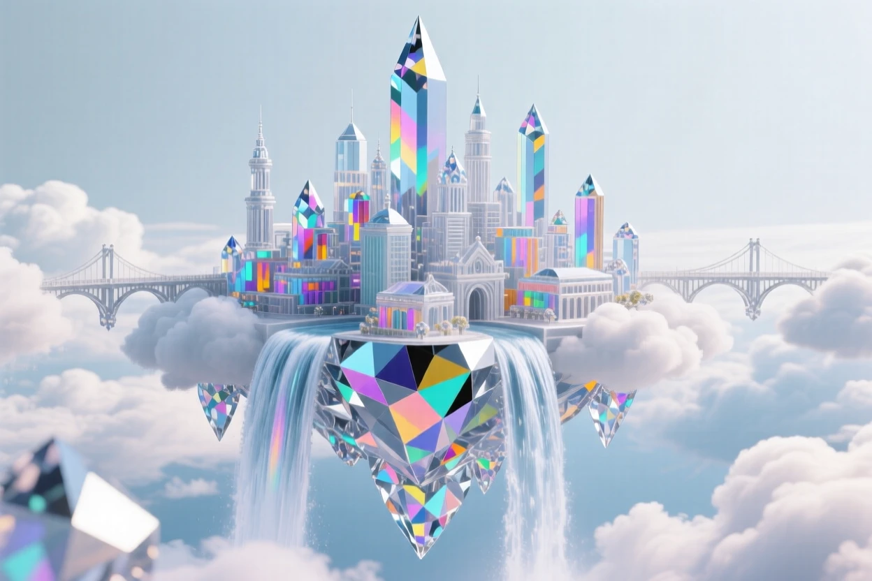 A floating city suspended among clouds, waterfalls cascading off its edges into the sky below.