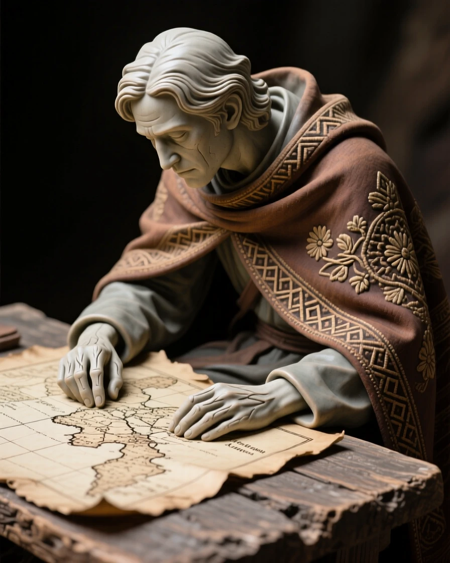 A explorer studying an old world map seated in quiet, contemplative repose, draped in richly embroidered ceremonial cloth, evoking reverence for ancient tradition.