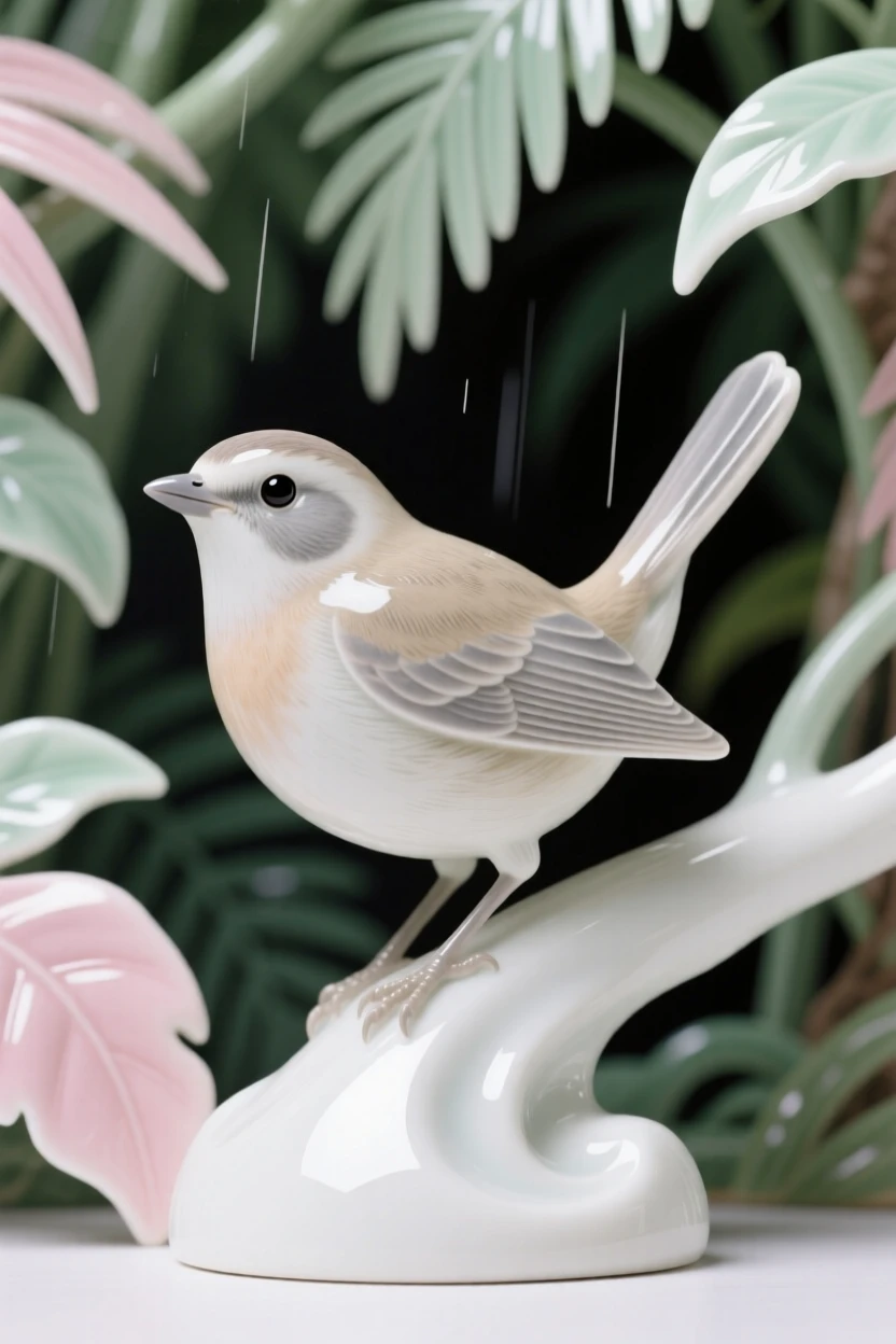 A delicate robin in a tropical rainforest canopy, perched with wings slightly raised.