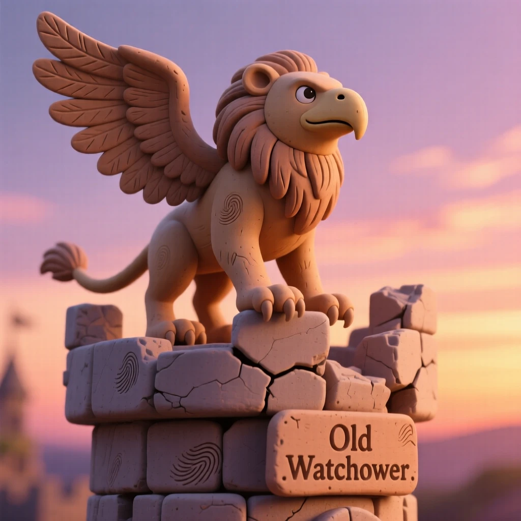 A griffin perched atop a crumbling castle tower at sunset