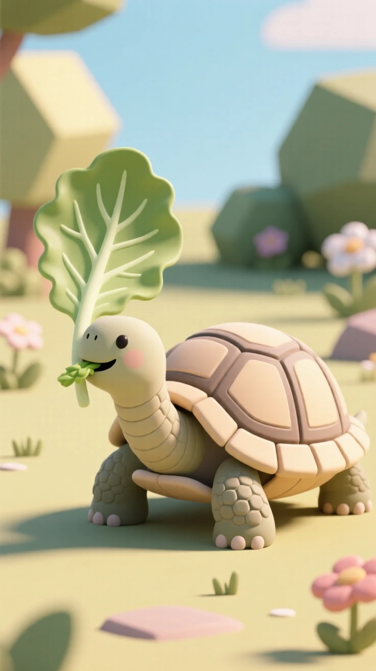 A gentle giant tortoise slowly munches on a lettuce leaf in a sunny garden, wrinkled neck stretched out.