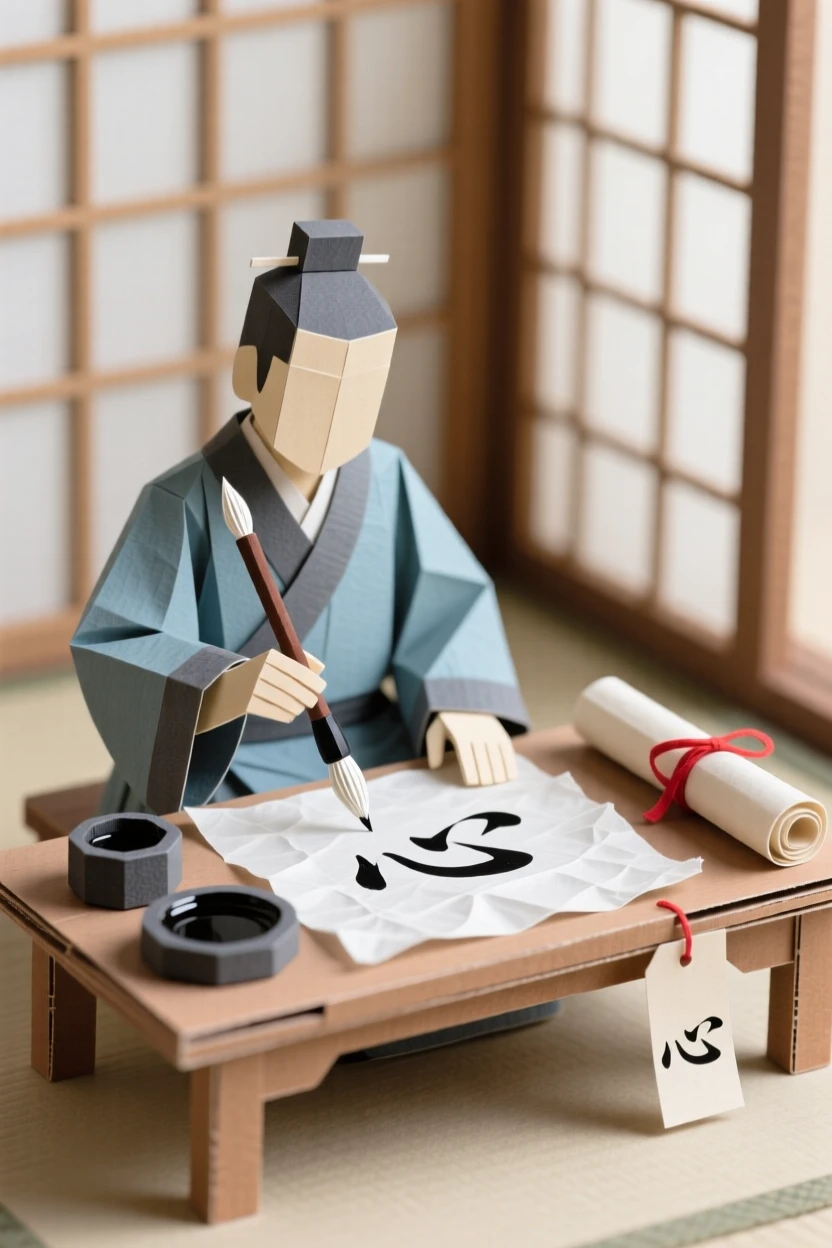 A traditional calligrapher carefully painting elegant characters with a fine brush, ink pooling delicately on rice paper, evoking artistic discipline.