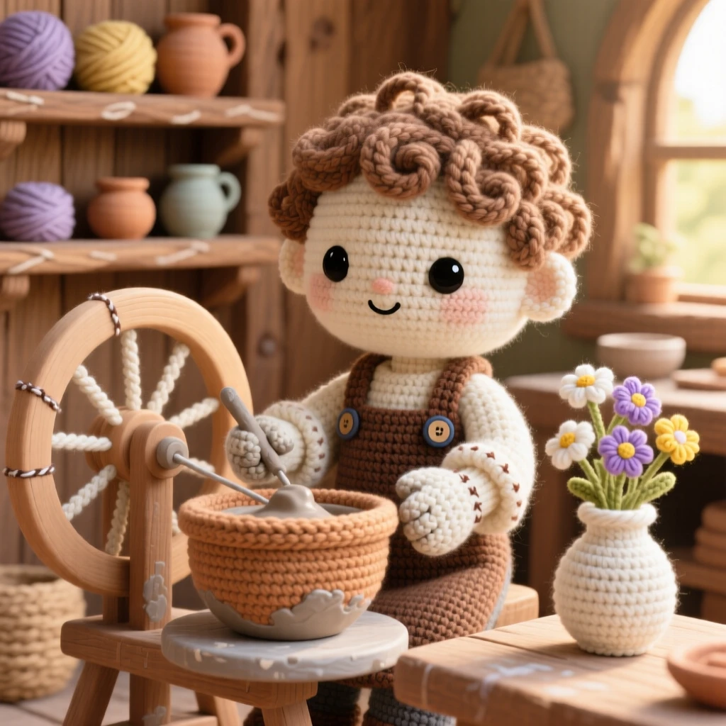 A charming scene of a gentle potter figure with clay-covered hands and a focused expression, shaping a bowl on a spinning wheel inside a sunlit workshop lined with wooden shelves; a small vase of wildflowers on the table adds to the moment, full of warm, homespun charm and quiet dedication.