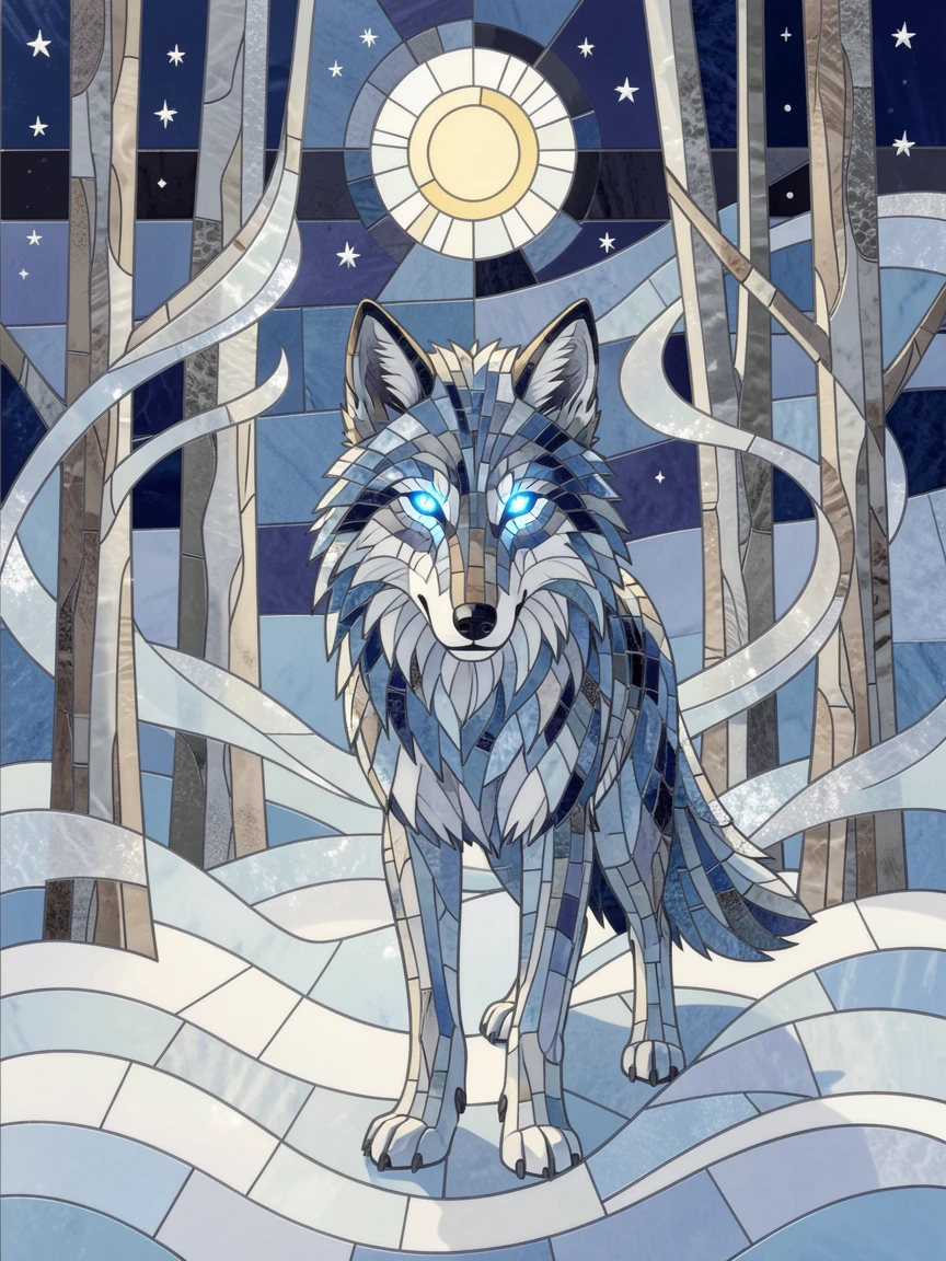 An epic fantasy scene of a mystical wolf with glowing eyes standing in a moonlit snowy forest, with swirling mist and glowing highlights.