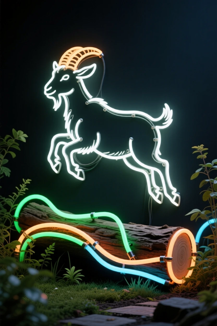 a pygmy goat leaping over a log in a quiet backyard garden.