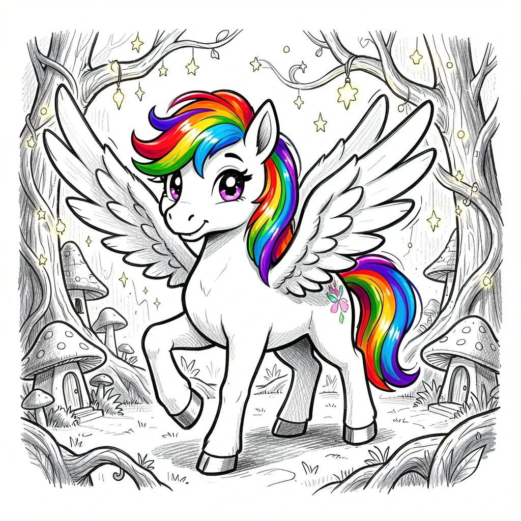 A rainbow-maned pegasus foal in a hidden fairy village.