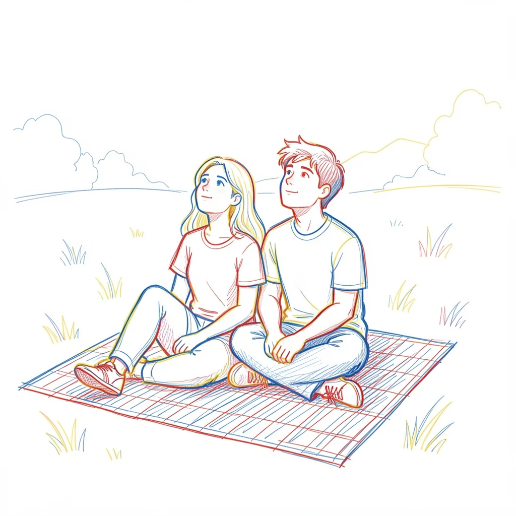 A young couple stargazing together on a picnic blanket in a quiet field