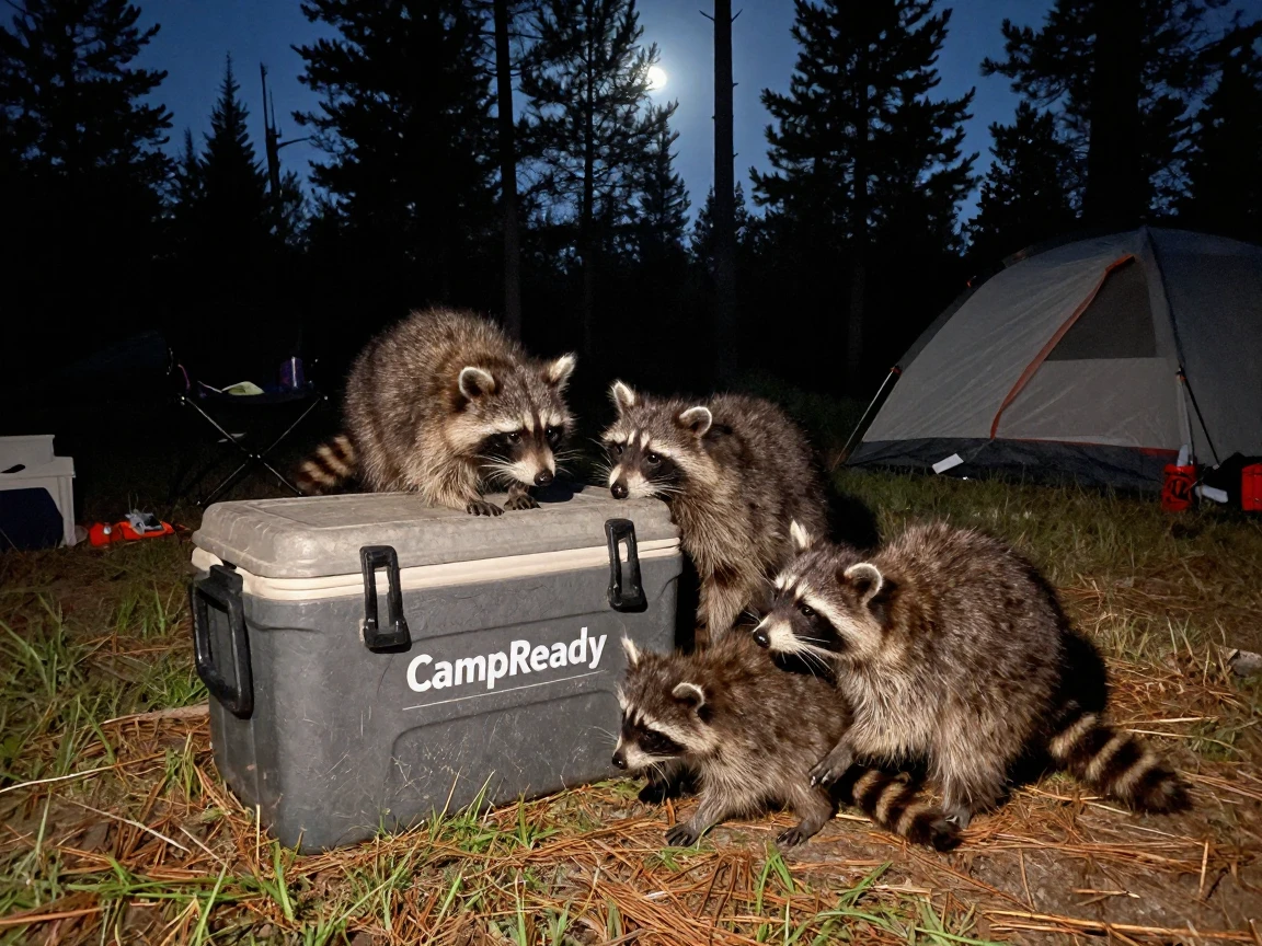 A family of raccoons investigates a campsite cooler under moonlight.