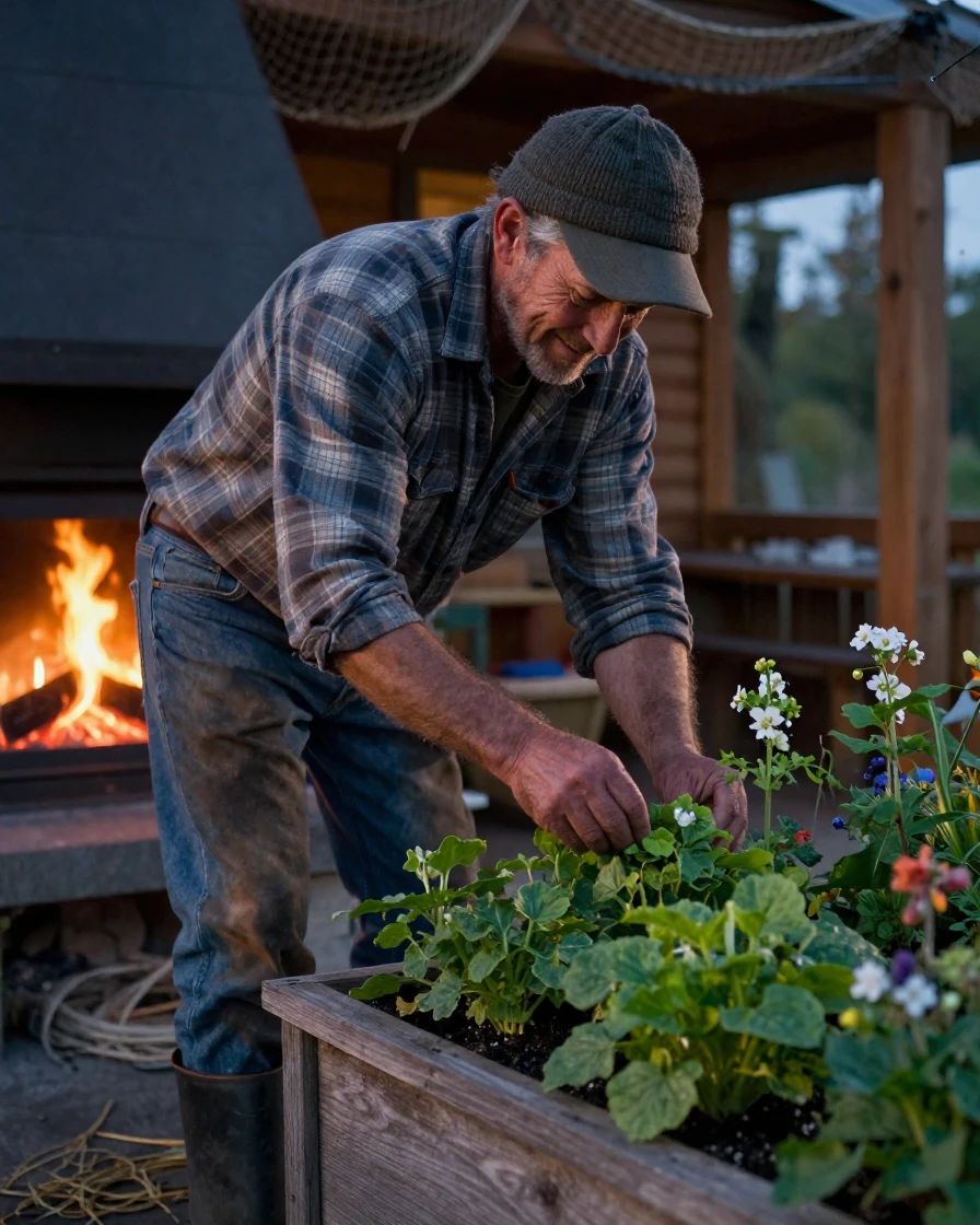 A middle-aged fisherman tending carefully to a small garden beside a crackling fireplace at dusk, a gentle smile crossing their face