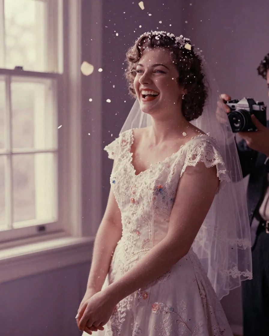 A bride laughing as she is showered with flower petals, in soft window light, amid gently falling snow, in early spring, in dusty lavender and rose tones, from a three-quarter angle.