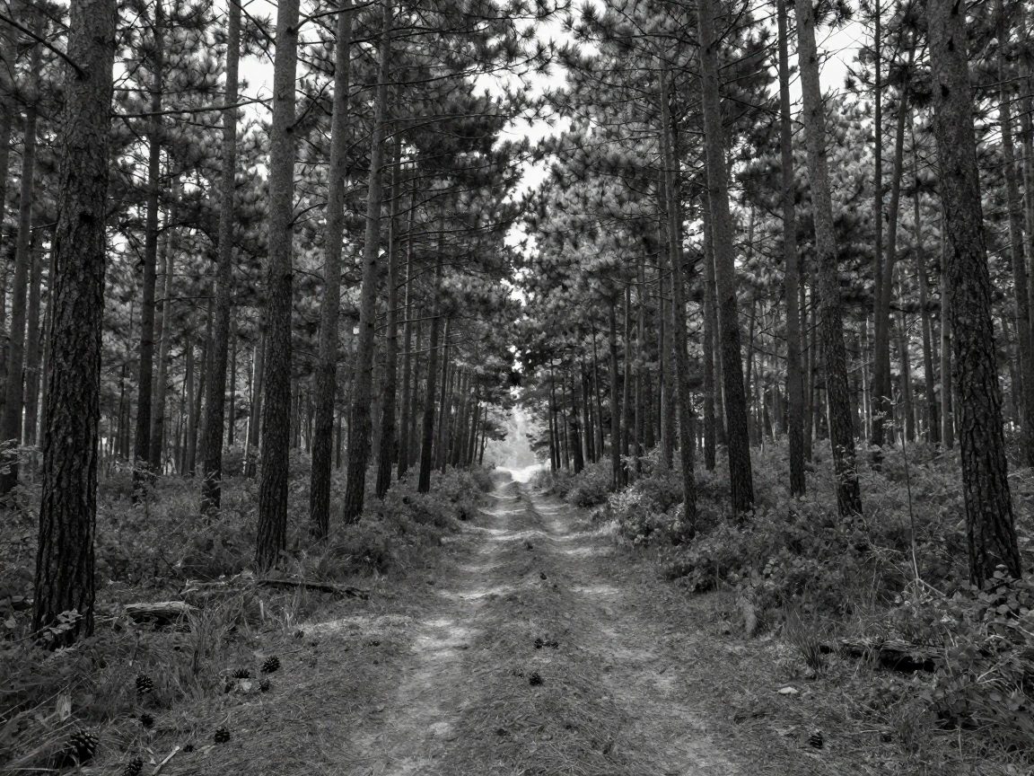A dense pine forest stretches endlessly toward the horizon along a remote wilderness trail.