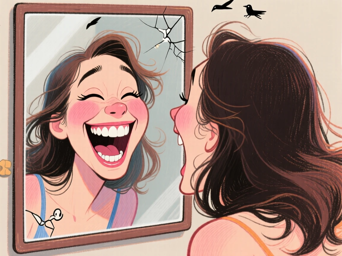 A woman caught laughing at her own reflection making a silly face.
