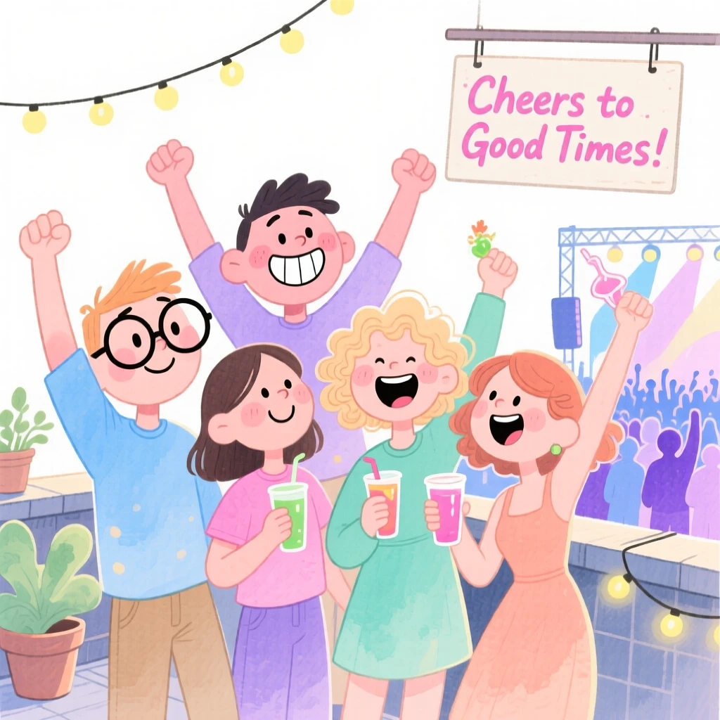 A group of friends at a rooftop party cheering together at a lively concert