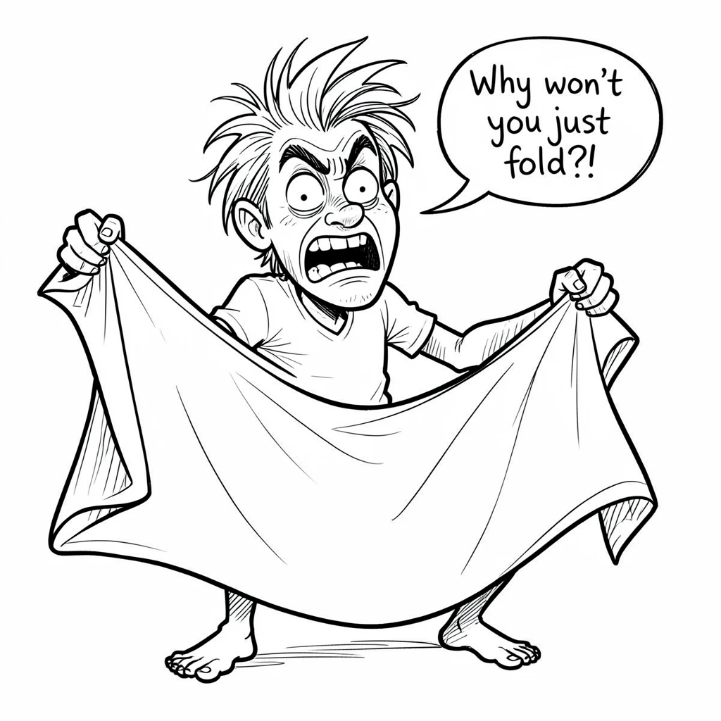 [Funny & Exaggerated Situations] Comical scene of a person wrestling with a fitted bedsheet that refuses to cooperate, exaggerated for maximum laughs
